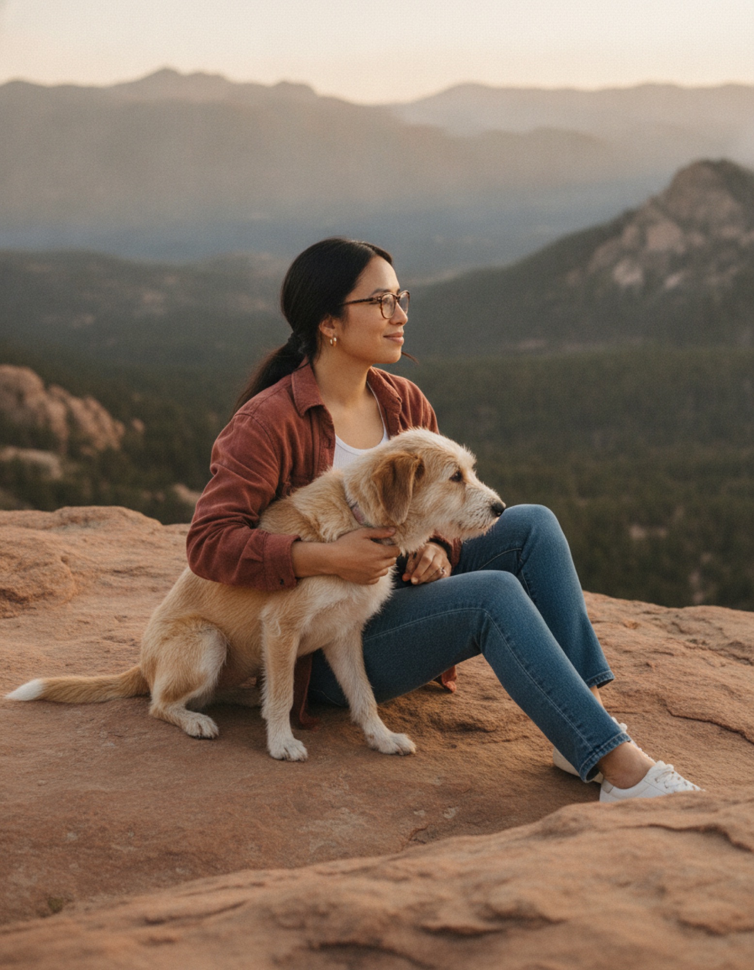 Maya with her rescue dog Biscuit on a red rock overlook at sunset