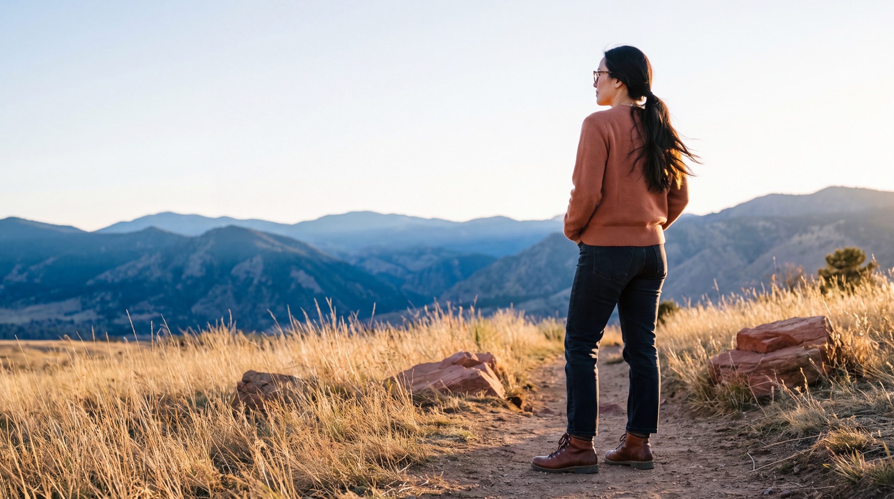 Maya Reyes on a foothill trail looking out at the Colorado Front Range