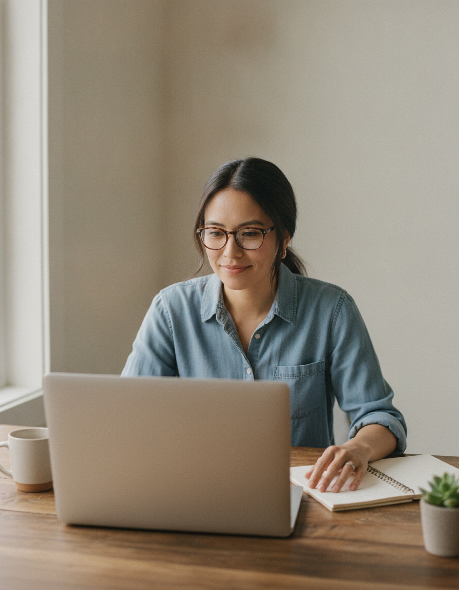 Maya Reyes on a video coaching call at her desk