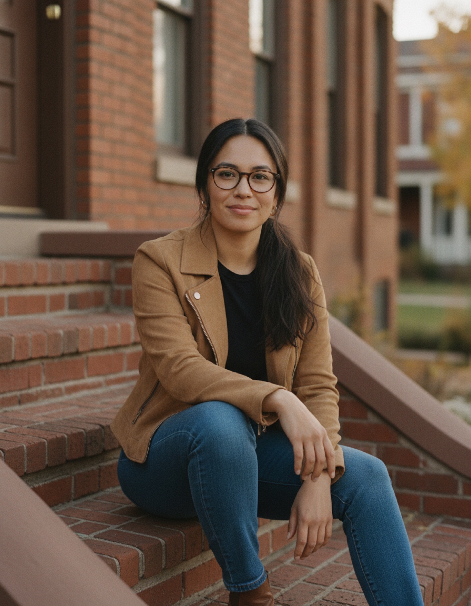Maya Reyes sitting on red brick rowhouse steps in a camel suede jacket, smiling at the camera